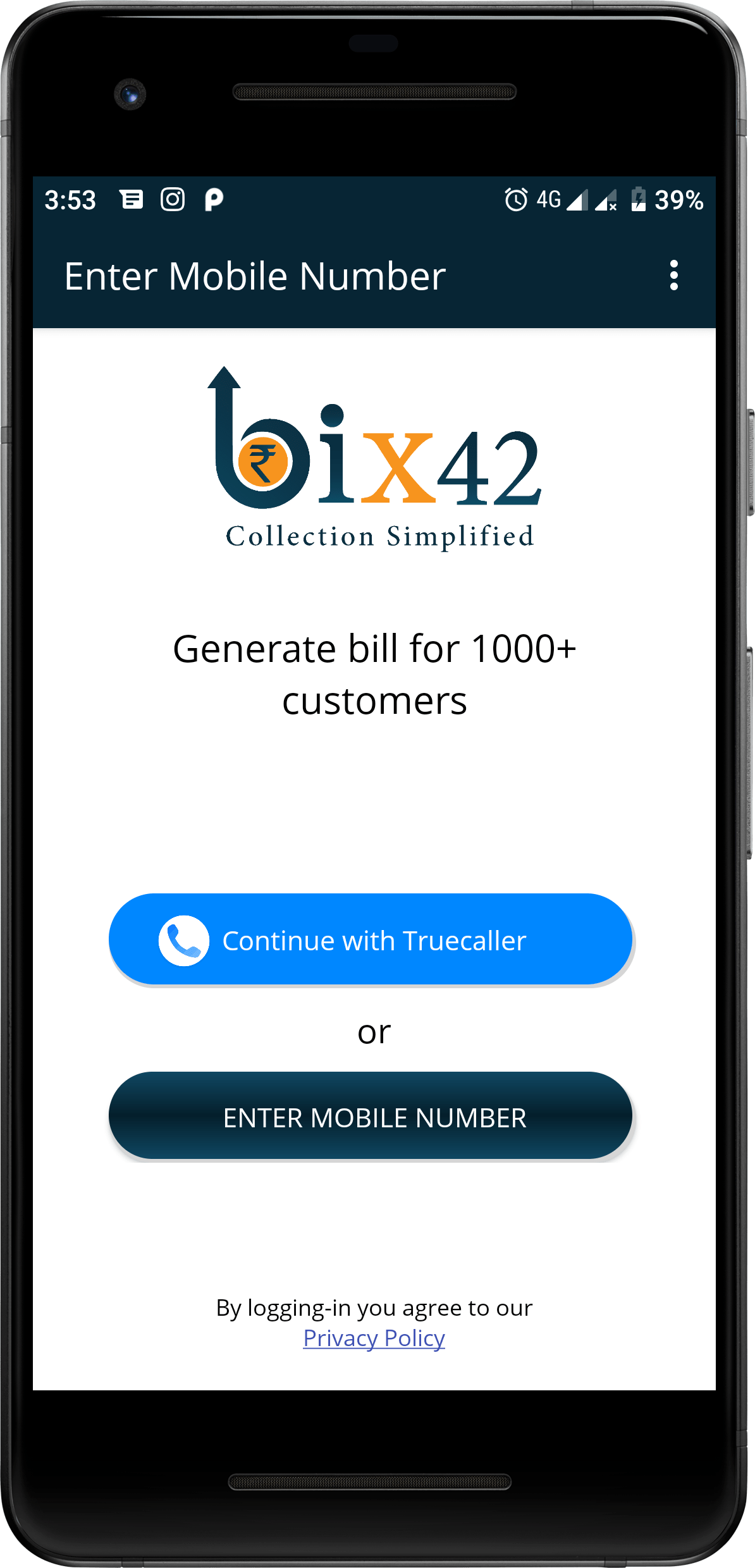 Bix42 mobile app login screen